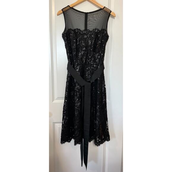 Tadashi Shoji Sequin Illusion Midi Dress Womens Sz 10 Mesh Belted Black Cocktail - Picture 2 of 12